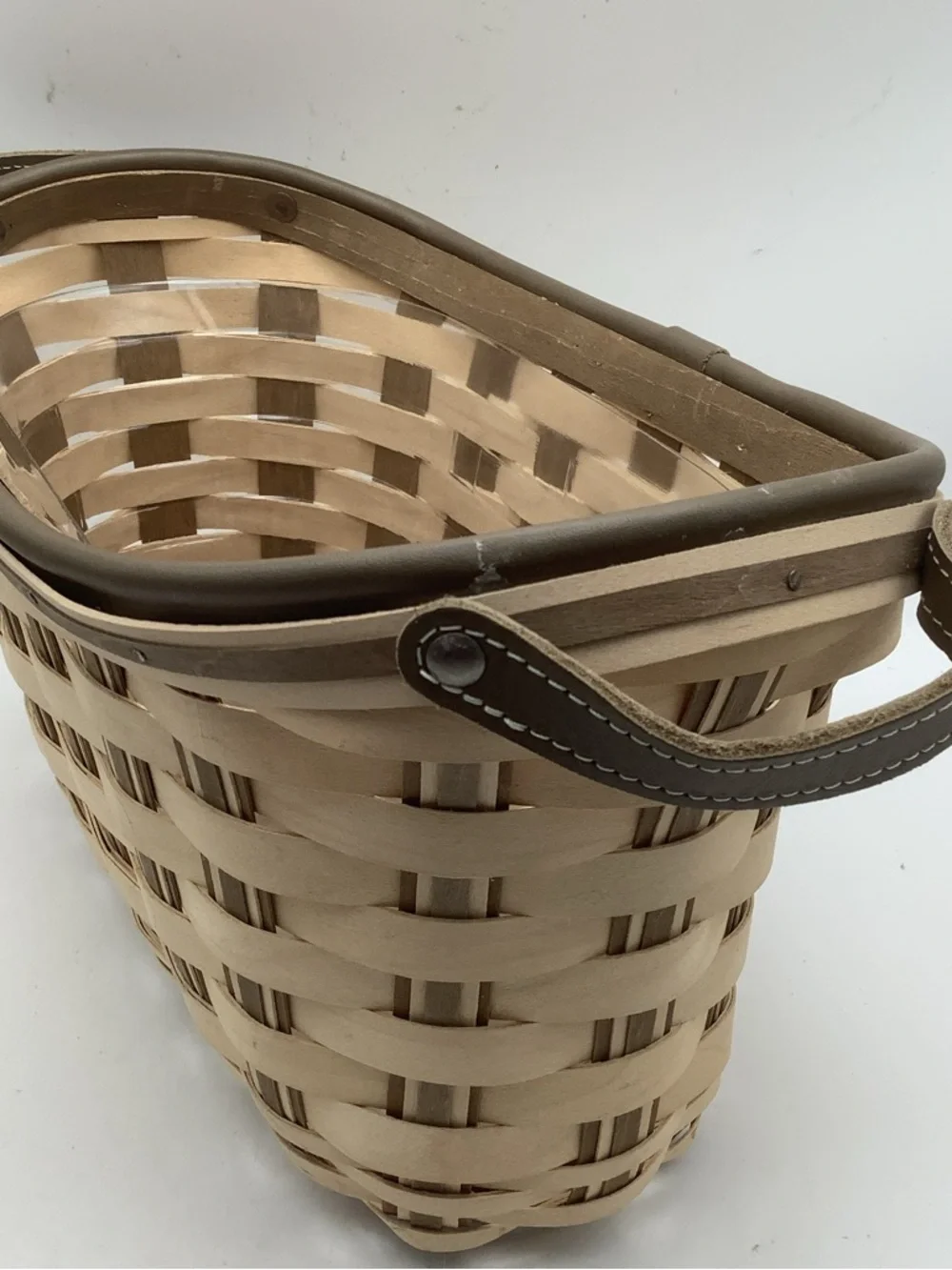 Longaberger Tan and Brown Woven Bicycle Basket with Leather Handles and Liner - Picture 3 of 10